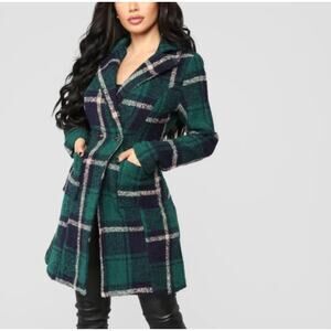 Solitaire Green/Navy Plaid Buttoned Pea Coat WMNS M Belted 22-127 Vneck Collared